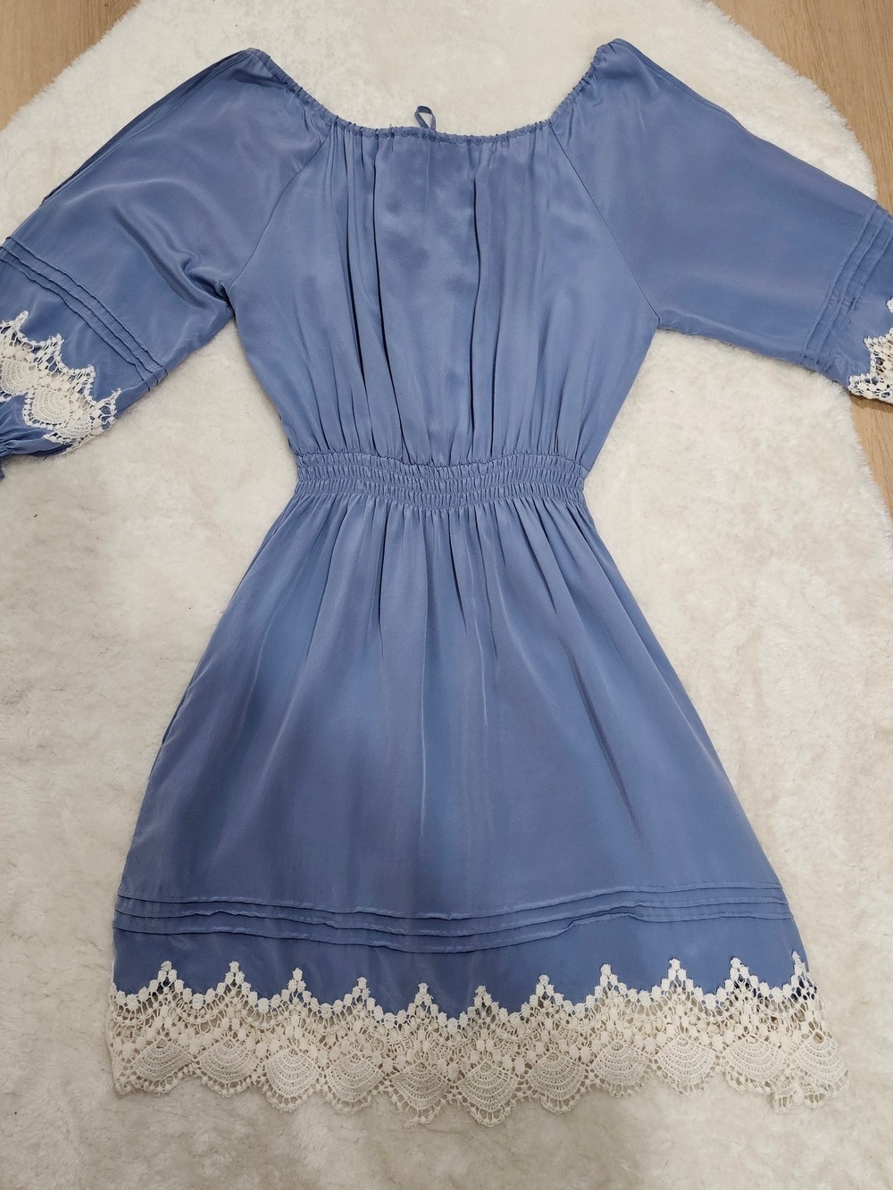 Bebe Cottagecore Lace Trim Cold Shoulder Dress Fairycore Boho Off Shoulder Blue - Picture 11 of 16